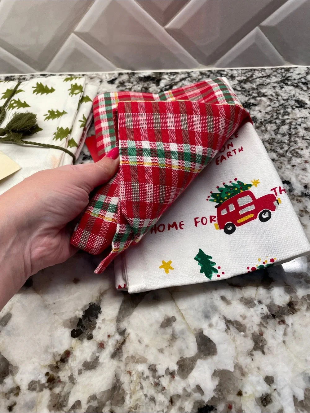 Tag Holiday Kitchen Towels - White with Green & Red Tree Prints new x2